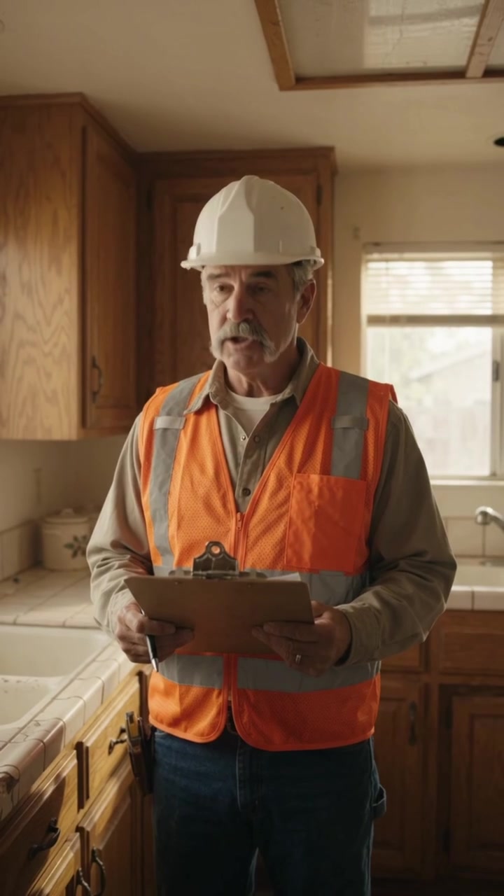 The contractor reviewing a repair list in an outdated kitchen, from the Sell SoCal Fast ad